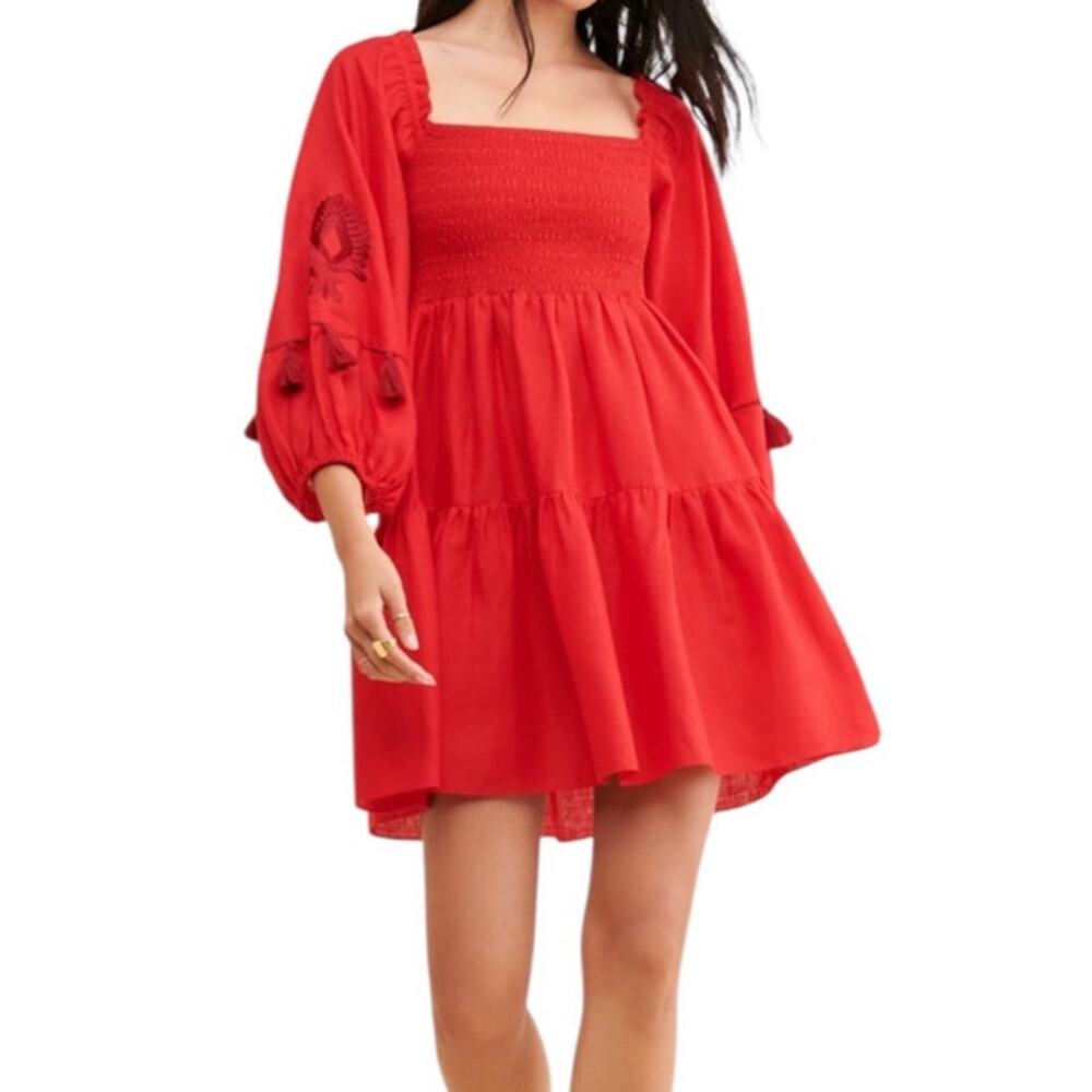Sachin & Babi Lola Smocked Tiered Mini Dress Red Square Neck Puffed Sleeves XS